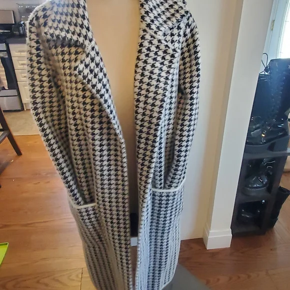 Houndstooth Long Open Front Coat  Black & White Chanel Style Cardigan Shacket - Picture 4 of 9